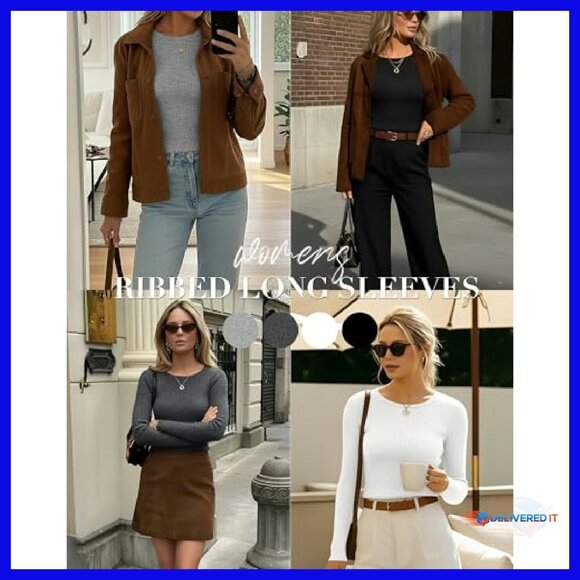 4 Pack Women's Long Sleeve Ribbed Tees Slim Fit Cotton Spandex Tops - Picture 3 of 7